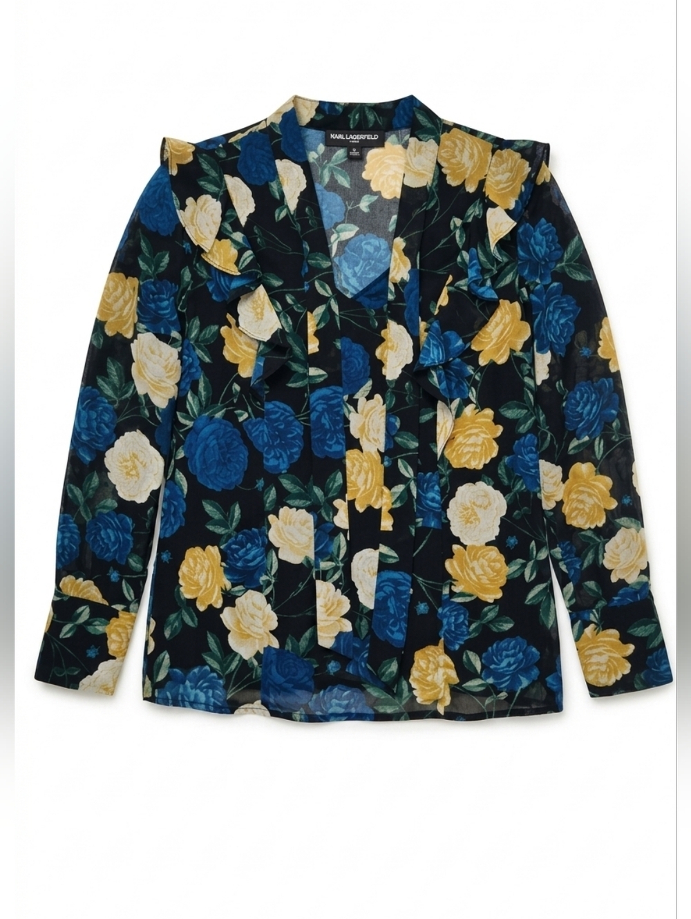 Karl Lagerfeld Paris Blue & Yellow Floral Ruffle Blouse